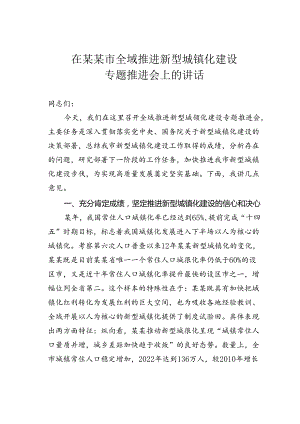 在某某市全域推进新型城镇化建设专题推进会上的讲话.docx