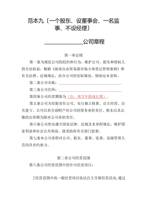 有限责任公司章程范本九：一个股东、设董事会、一名监事、不设经理2024模板.docx