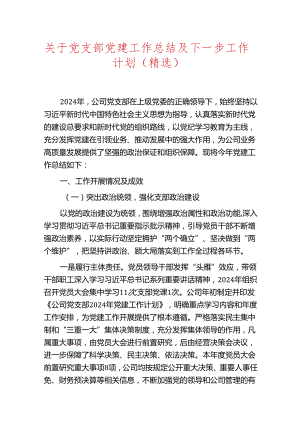 关于党支部党建工作总结及下一步工作计划（精选）.docx