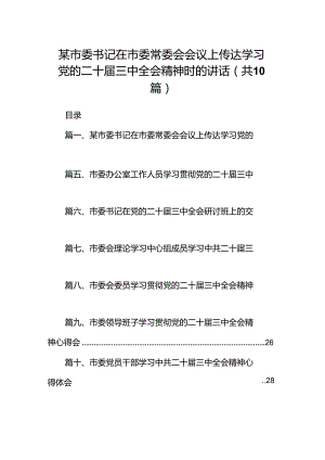 （10篇）某市委书记在市委常委会会议上传达学习党的二十届三中全会精神时的讲话范文.docx