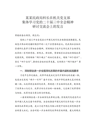 某某民政局科长在机关党支部集体学习党的二十届三中全会精神研讨交流会上的发言.docx