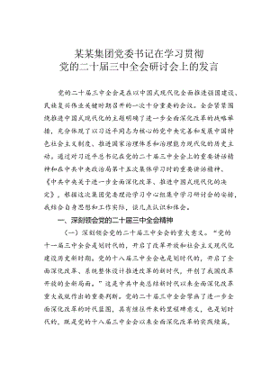 某某集团党委书记在学习贯彻党的二十届三中全会研讨会上的发言.docx