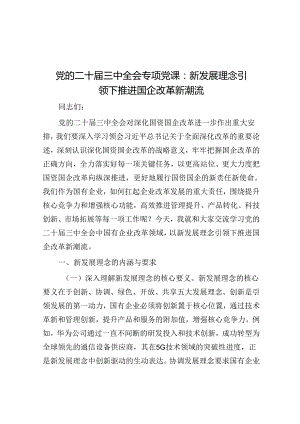党的二十届三中全会专题党课：新发展理念引领下推动国企改革新潮流.docx