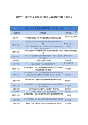 党的二十届三中全会党员干部个人学习计划表（表格版）.docx