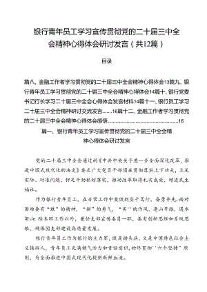 银行青年员工学习宣传贯彻党的二十届三中全会精神心得体会研讨发言12篇（详细版）.docx