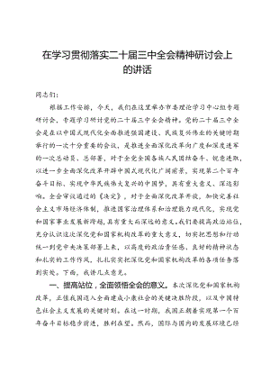 在学习贯彻落实二十届三中全会精神研讨会上的讲话.docx