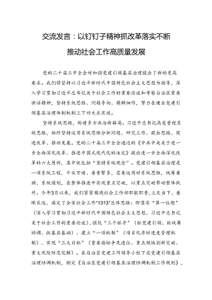 交流发言：以钉钉子精神抓改革落实不断推动社会工作高质量发展.docx