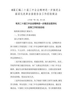 8篇汇编二十届三中全会精神进一步推进全面深化改革自查报告含工作经验做法.docx