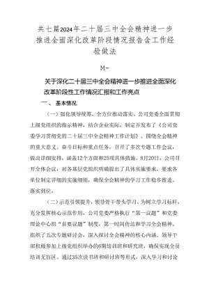 共七篇2024年二十届三中全会精神进一步推进全面深化改革阶段情况报告含工作经验做法.docx