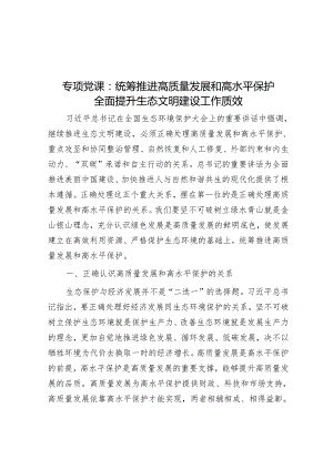 专题党课：统筹推进高质量发展和高水平保护 全面提升生态文明建设工作质效.docx