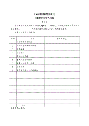 XX耐磨材料有限公司X年度安全投入预算（2024年）.docx