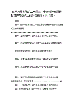 （15篇）在学习贯彻党的二十届三中全会精神专题研讨班开班仪式上的讲话提纲参考范文.docx