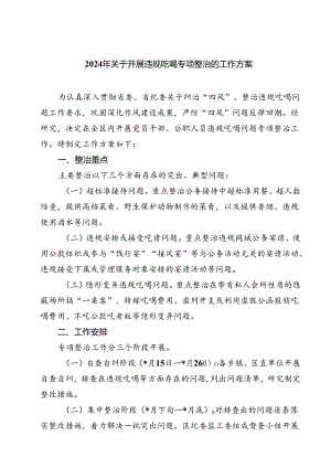 (六篇)2024年关于开展违规吃喝专项整治的工作方案汇编.docx