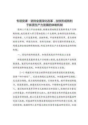 专题党课：坚持全面深化改革加快形成有利于新质生产力发展的体制机制.docx