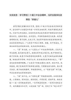 2024年学习贯彻二十届三中全会精神当好全面深化改革的“弄潮儿”交流发言.docx