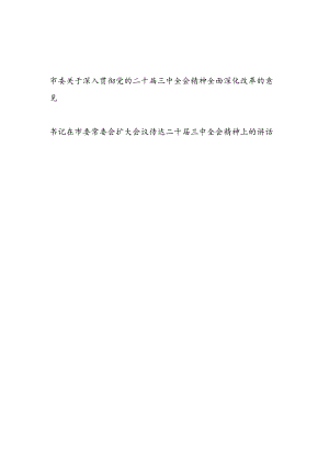 2024-2025市委关于深入贯彻党的二十届三中全会精神全面深化改革的意见和书记在市委常委会扩大会议传达二十届三中全会精神上的讲话.docx