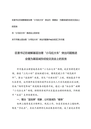 基层治理“小马拉大车”突出问题推进会暨为基层减负经验交流会上的发言+开展基层治理“小马拉大车”突出问题集中整治攻坚工作方案.docx