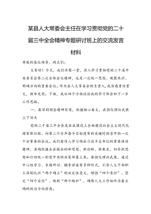 某县人大常委会主任在学习贯彻党的二十届三中全会精神专题研讨班上的交流发言材料.docx