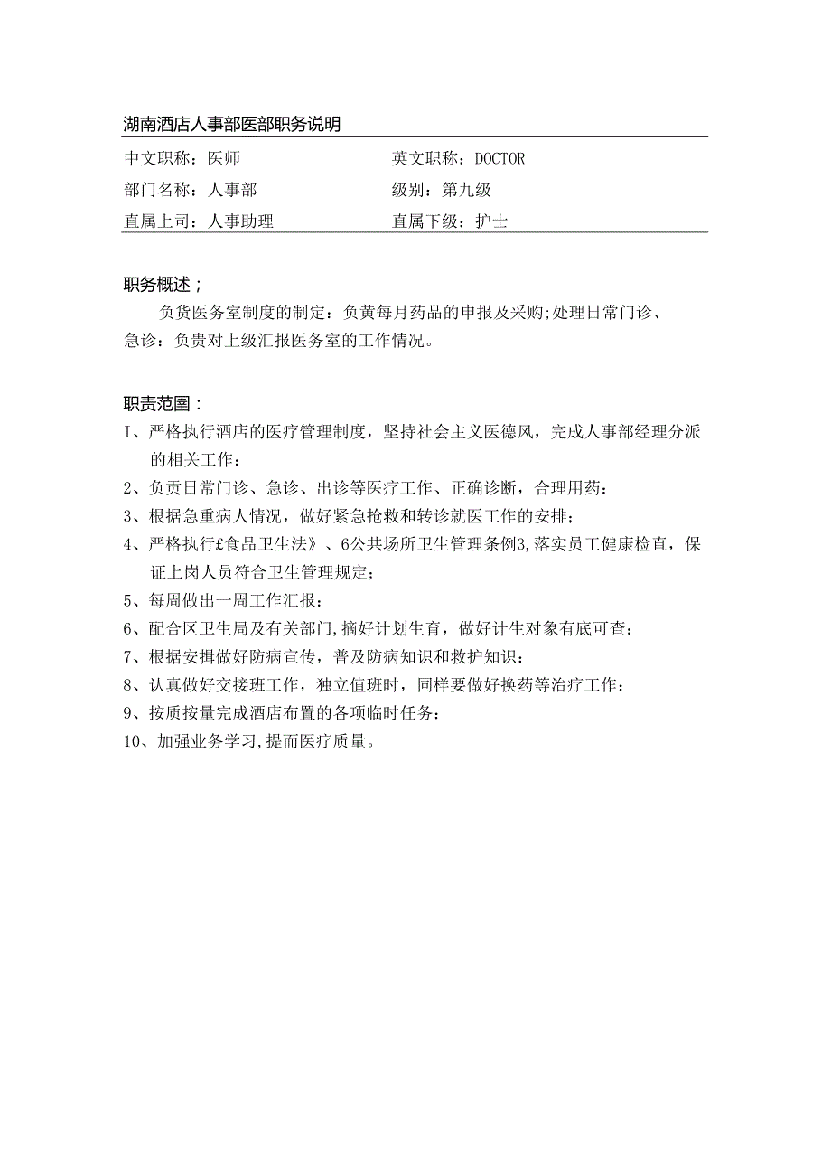 湖南酒店人事部医师职务说明.docx