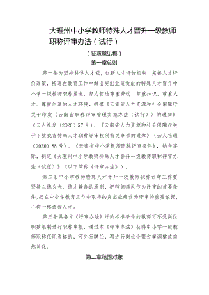 大理州中小学教师职称特殊人才晋升一级教师职称评审办法（试行）（征求意见稿）.docx