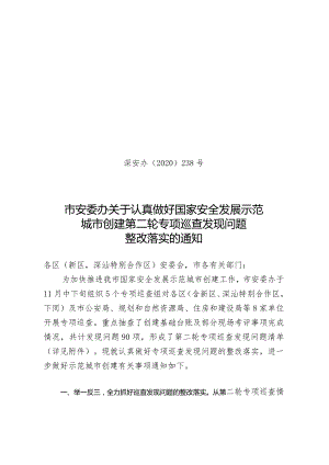 市安委办关于认真做好国家安全发展示范城市创建第二轮专项巡查发现问题整改落实的通知.docx