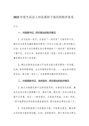 2022年度民主生活会上对县委班子成员的批评意见.docx
