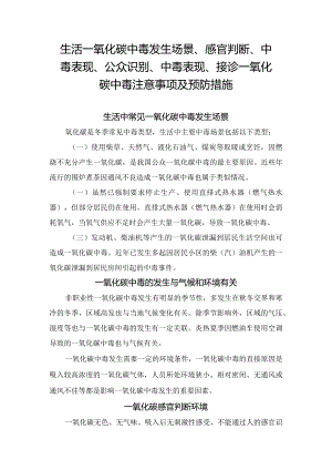 生活一氧化碳中毒发生场景、感官判断、中毒表现、公众识别、中毒表现、接诊一氧化碳中毒注意事项及预防措施.docx