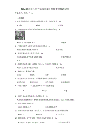 2024教科版小学六年级科学上册期末模拟测试卷.docx