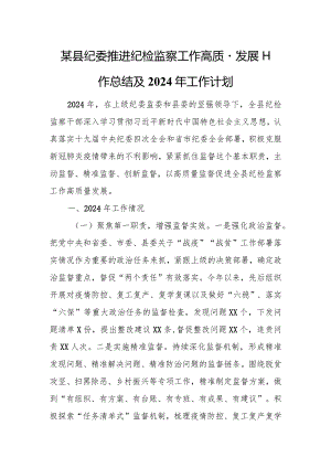 某县纪委推进纪检监察工作高质量发展工作总结及2024年工作计划.docx