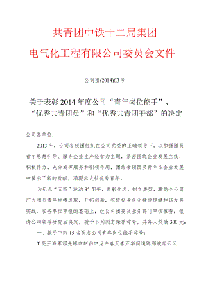 关于表彰2014年度公司“青年岗位能手”、“优秀共青团员”和“优秀共青团干部”的决定.docx