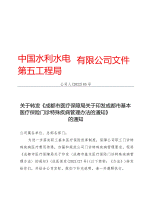 关于转发《成都市医疗保障局关于印发成都市基本医疗保险门诊特殊疾病管理办法的通知》的通知（公司人【2022】85号）.docx