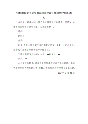 妇科医院关于成立医院创等评审工作领导小组的通知.docx