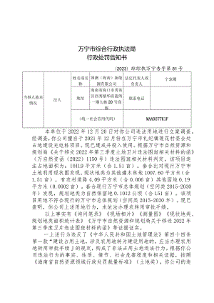 万宁市综合行政执法局行政处罚告知书.docx