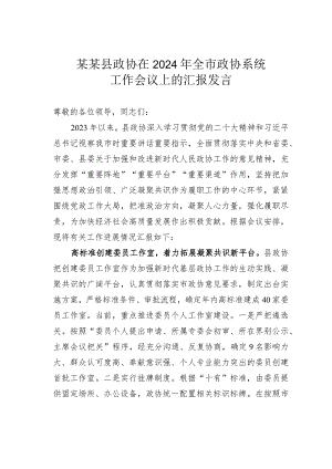 某某县政协在2024年全市政协系统工作会议上的汇报发言.docx