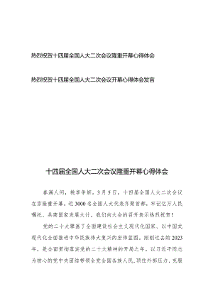 热烈祝贺十四届全国人大二次会议隆重开幕心得体会发言2篇.docx