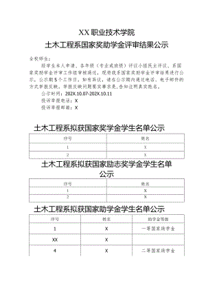 XX职业技术学院土木工程系国家奖助学金评审结果公示（2024年）.docx