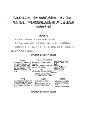 临床腹痛分类、急性腹痛临床特点、病史采集、急诊处理、不明确腹痛处理原则及常见急性腹痛特点和处理.docx