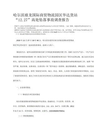 哈尔滨禧龙国际商贸物流园区华达货站“12.27”高处坠落事故调查报告.docx