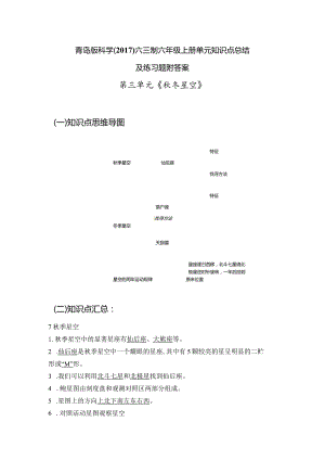 青岛版科学（2017）六三制六年级上册第3单元《秋冬星空》知识点总结及测试题.docx