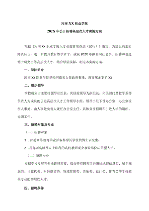 河南XX职业学院202X年公开招聘高层次人才实施方案（2024年）.docx