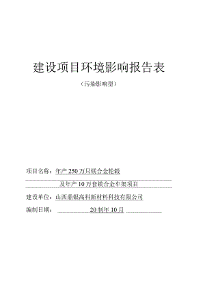 年产250万只镁合金轮毂及年产10万套镁合金车架项目环评可研资料环境影响.docx
