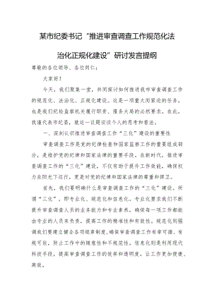 某市纪委书记“推进审查调查工作规范化法治化正规化建设”研讨发言提纲.docx