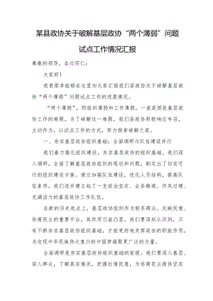 某县政协关于破解基层政协“两个薄弱”问题试点工作情况汇报.docx