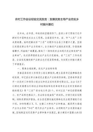 （2篇）农村工作会议经验交流发言：发展优势主导产业夯实乡村振兴基石农村综合改革试验区工作要点.docx