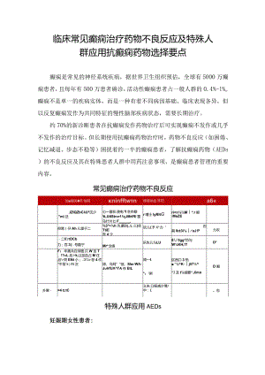 临床常见癫痫治疗药物不良反应及特殊人群应用抗癫痫药物要点.docx