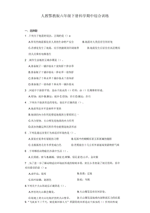人教鄂教版六年级下册科学期中综合训练.docx