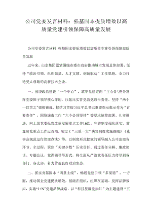 公司党委发言材料：强基固本提质增效以高质量党建引领保障高质量发展.docx