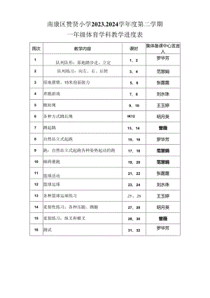 教学进度表模板：2023-2024年度第二学期一年级体育教案下学期.docx