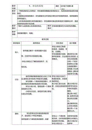 第1课 身边的系统 教案（表格式） 浙教版五年级信息科技下册.docx