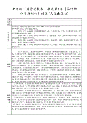 七年级下册劳动技术一单元第1课《茶叶的分类与制作》教案（人民出版社）.docx